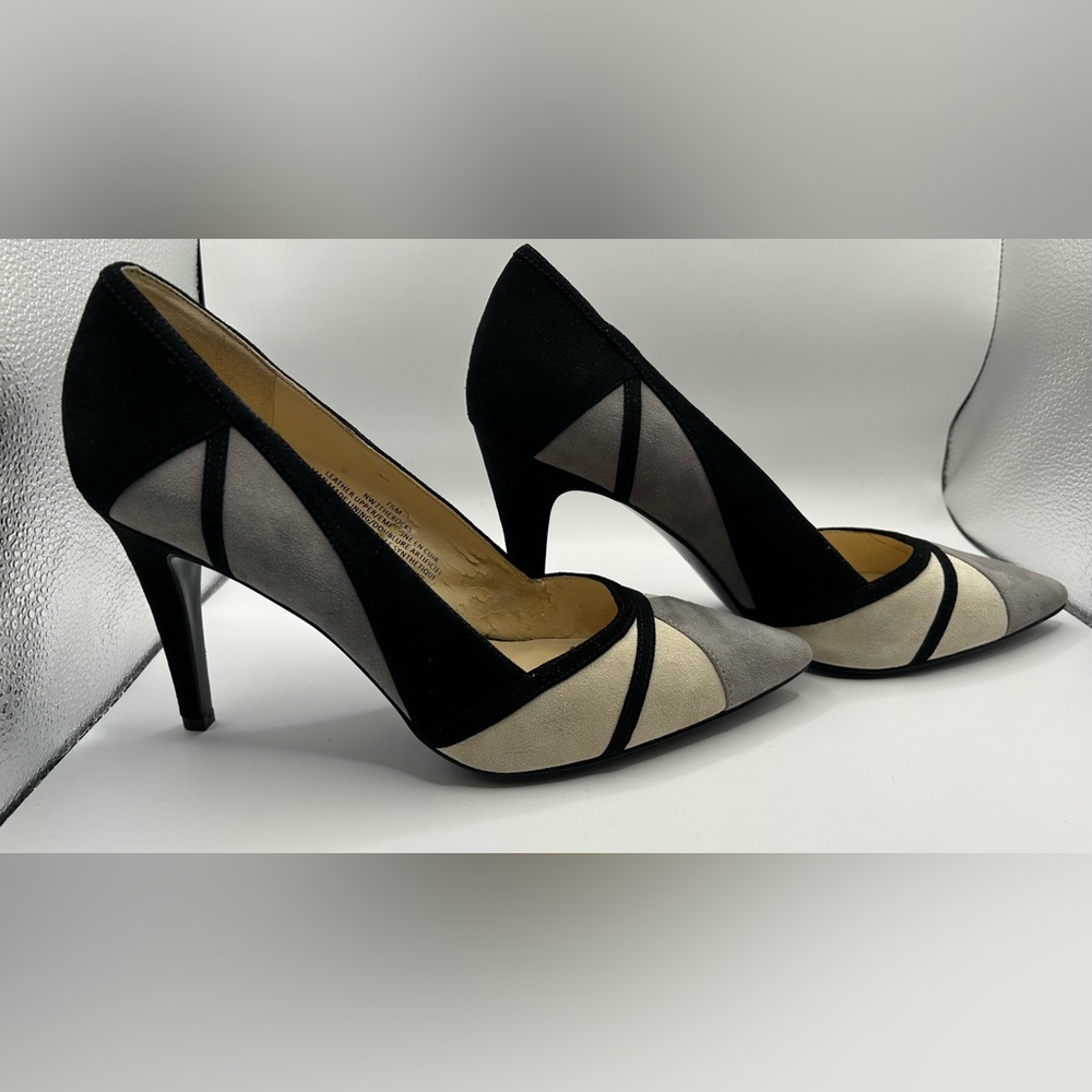 NEW Nine West Black  Grey Nude Suede Pumps  THE ROCKS Size 7.5 Geometric Leather